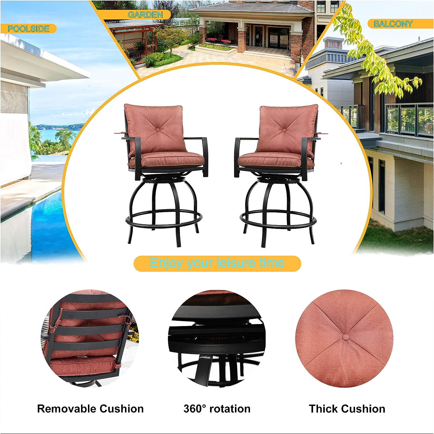 Festival Depot 2 Pcs Patio Swivel Chairs Bar Set Outdoor Furniture with Armrest, Back Seat Cushions and All-Weather Black Metal Steel Frame Legs for Poolside Deck Garden