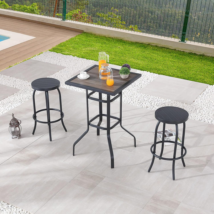 Sports Festival 3 Pcs Patio Bistro Height Set Outdoor Furniture, Backless Bar Stool Chair with Round Seat, Foot Pedals and Wooden Finish Desktop Metal Frame Steel Square Table for Deck Garden Lawn