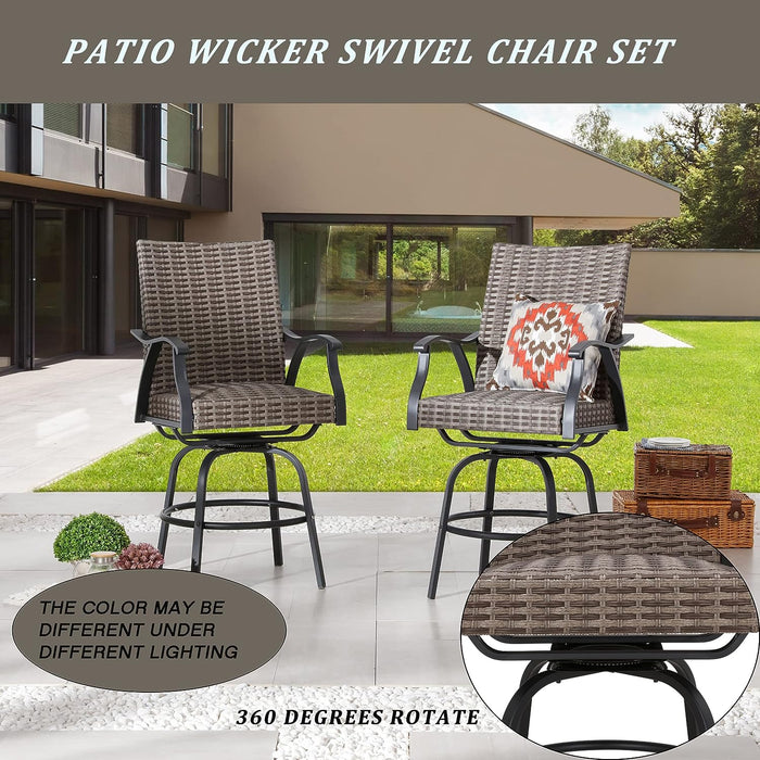 Luxury 2-Piece Outdoor 31.5" Swivel Bar Height Chairs with High-Backrest Rattan Wicker and Comfort Cushioned Armrest Dining Chairs 