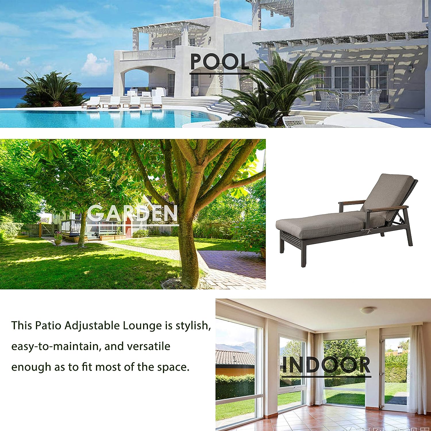 Festival Depot 2 Pieces Adjustable Outdoor Patio Rattan Wicker Lounge Chair and Coffee Table for Lawn Garden Balcony Pool Backyard with Removable Cushions, Dark Grey
