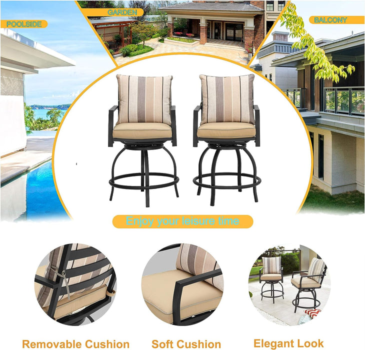 Elegant 2-Piece 24.5" Patio Swivel Backrest Counter Height Chair Set with Armrests and Cushioned Seats 