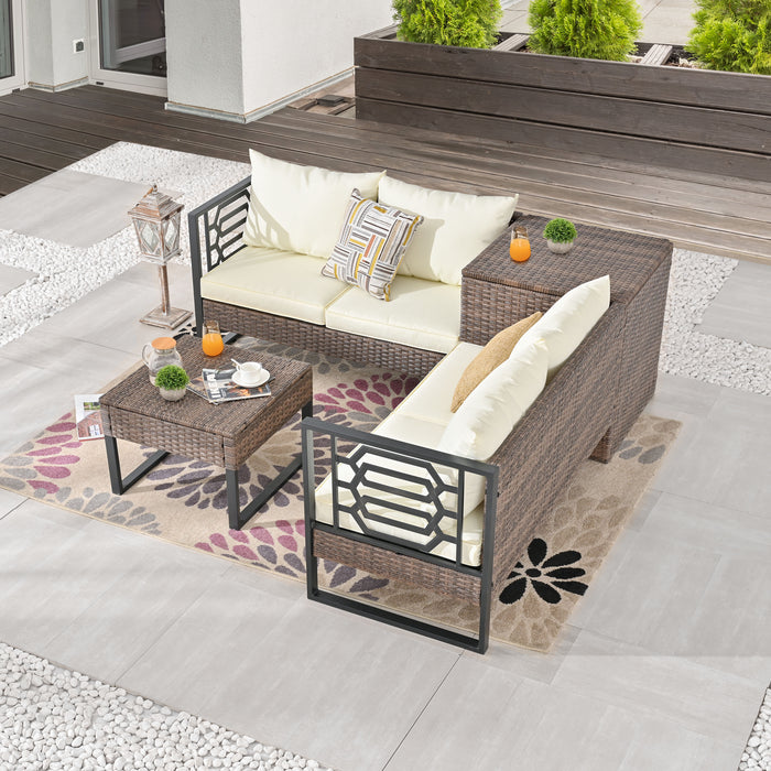 Beige PE Wicker 4-Seater Sofa Set with Storage and Cushions for Outdoor Comfort 