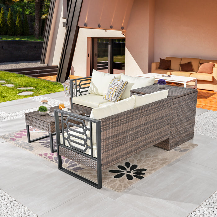 Beige PE Wicker 4-Seater Sofa Set with Storage and Cushions for Outdoor Comfort 