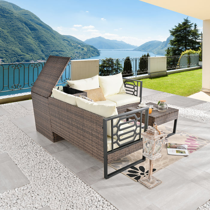 Beige PE Wicker 4-Seater Sofa Set with Storage and Cushions for Outdoor Comfort 