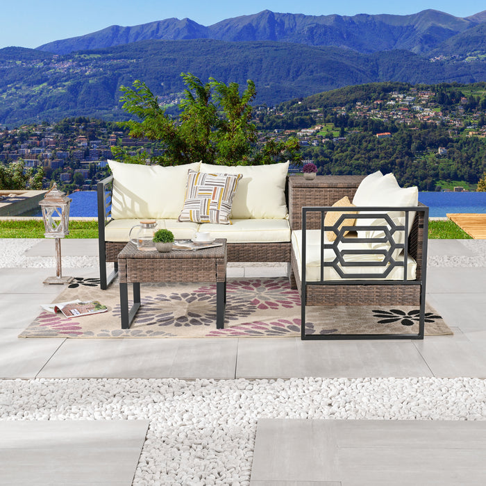 Beige PE Wicker 4-Seater Sofa Set with Storage and Cushions for Outdoor Comfort 
