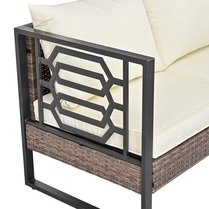 Beige PE Wicker 4-Seater Sofa Set with Storage and Cushions for Outdoor Comfort 