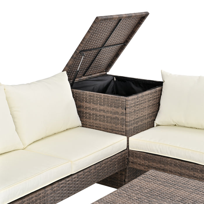 Beige PE Wicker 4-Seater Sofa Set with Storage and Cushions for Outdoor Comfort