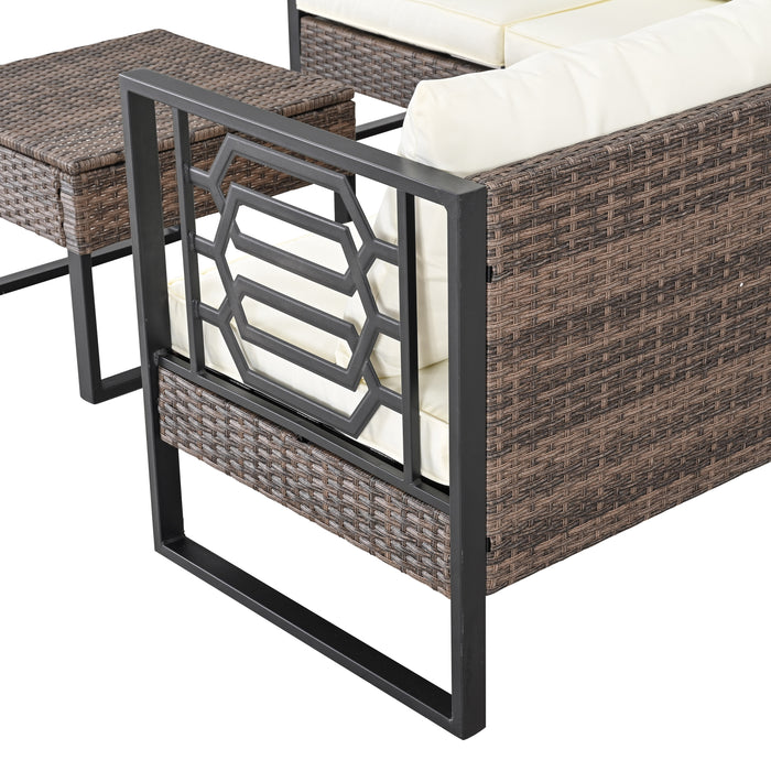 Beige PE Wicker 4-Seater Sofa Set with Storage and Cushions for Outdoor Comfort 