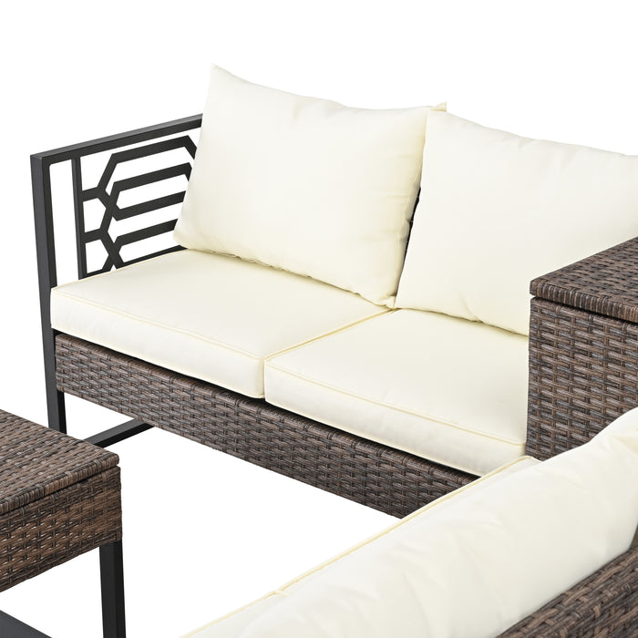 Beige PE Wicker 4-Seater Sofa Set with Storage and Cushions for Outdoor Comfort