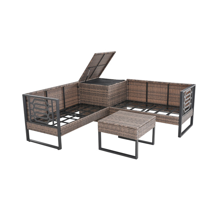 Beige PE Wicker 4-Seater Sofa Set with Storage and Cushions for Outdoor Comfort 