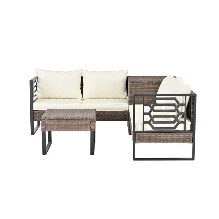 Beige PE Wicker 4-Seater Sofa Set with Storage and Cushions for Outdoor Comfort