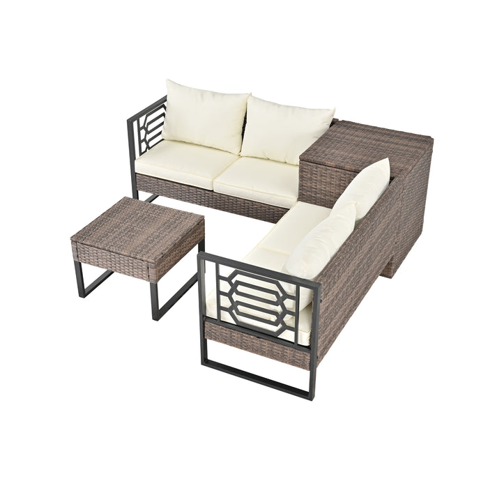 Beige PE Wicker 4-Seater Sofa Set with Storage and Cushions for Outdoor Comfort