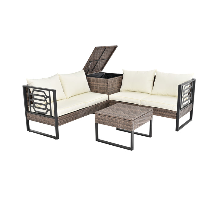 Beige PE Wicker 4-Seater Sofa Set with Storage and Cushions for Outdoor Comfort