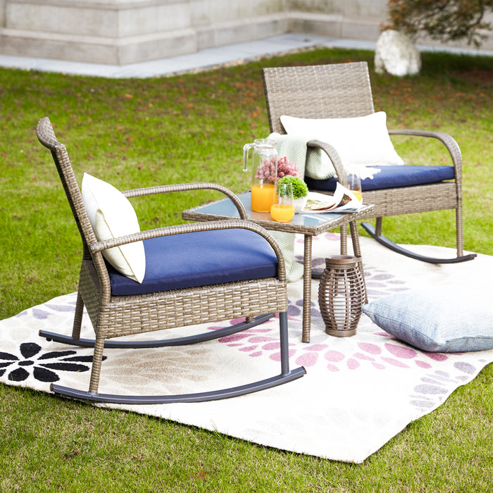 Elegant 3 Piece Outdoor Rattan Rocking Chair Set with Metal Frame, Cushions and Glass Top Coffee Table