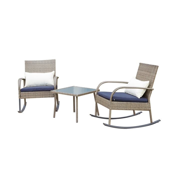 Elegant 3 Piece Outdoor Rattan Rocking Chair Set with Metal Frame, Cushions and Glass Top Coffee Table