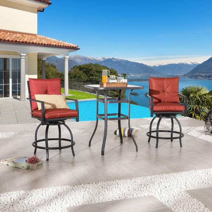 Elegance 3 Piece Outdoor Bar Set 360° Swivel Chairs with Cushions & High Bistro Table with Tempered Glass (Red) 