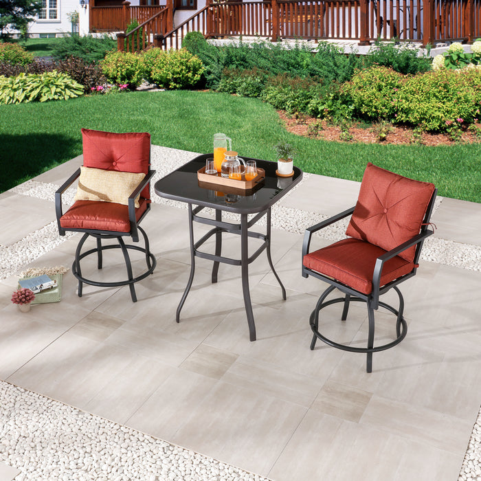 Elegance 3 Piece Outdoor Bar Set 360° Swivel Chairs with Cushions & High Bistro Table with Tempered Glass (Red) 