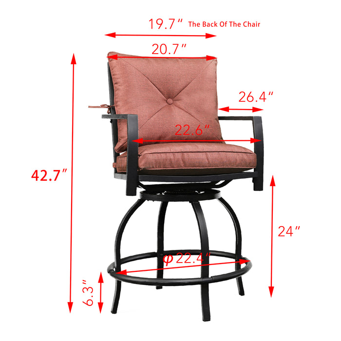 Elegance 3 Piece Outdoor Bar Set 360° Swivel Chairs with Cushions & High Bistro Table with Tempered Glass (Red)