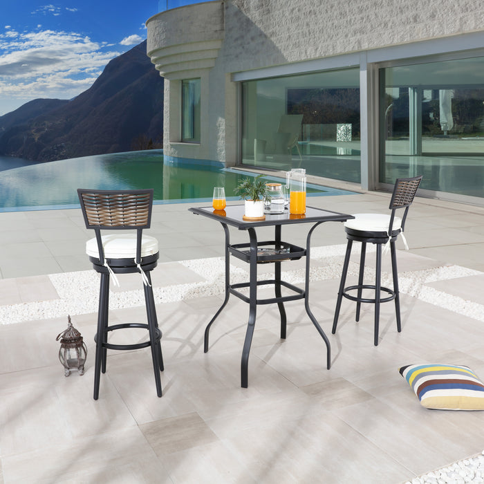 Chic 3 Piece Woven Wicker Patio Bar Set with Beige 360° Swivel Chairs and Tempered Glass Top Table