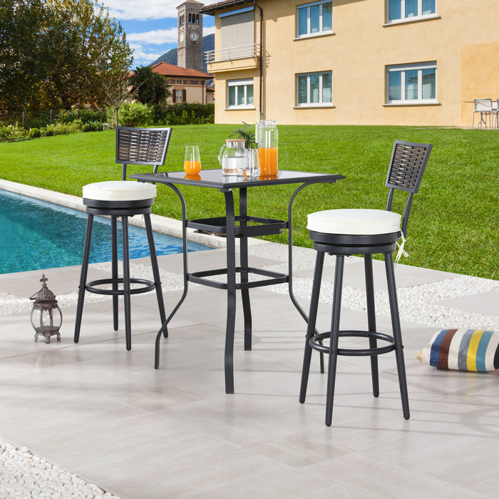 Chic 3 Piece Woven Wicker Patio Bar Set with Beige 360° Swivel Chairs and Tempered Glass Top Table 