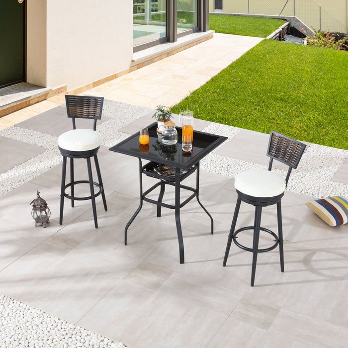 Chic 3 Piece Woven Wicker Patio Bar Set with Beige 360° Swivel Chairs and Tempered Glass Top Table 