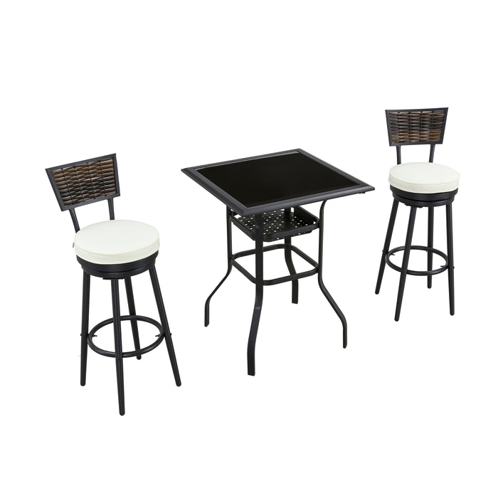 Chic 3 Piece Woven Wicker Patio Bar Set with Beige 360° Swivel Chairs and Tempered Glass Top Table 