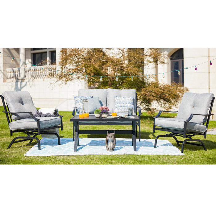 Festival Depot 4 Pieces Patio Conversation Set Outdoor Armchairs Loveseat Set with Coffee Table Fabric Metal Frame Furniture Garden Bistro Seating Thick Soft Cushion