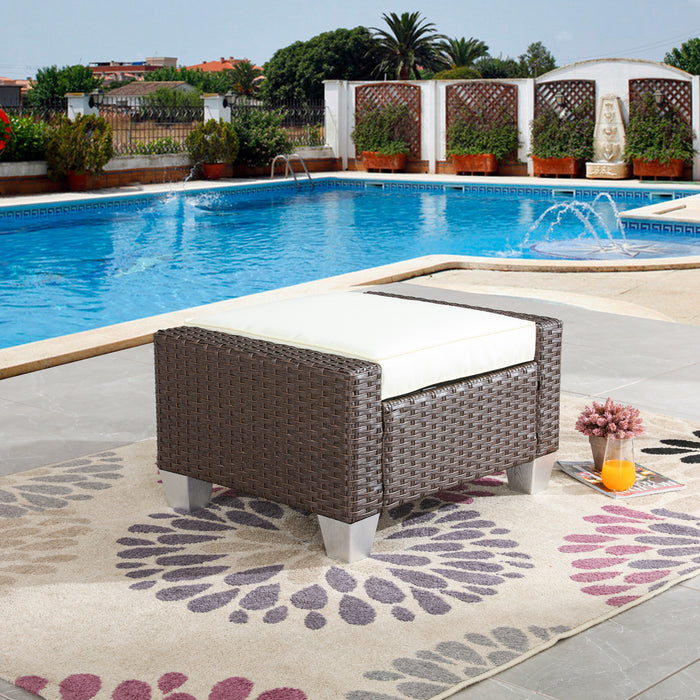 Chic Beige Rattan Wicker Ottoman, Square Footrest with Cushion and Metal Frame 