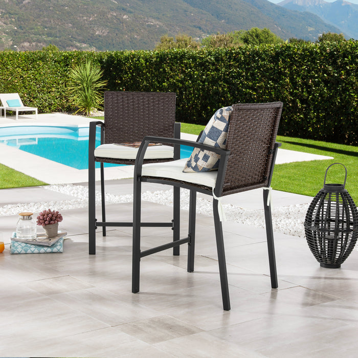 Elegance Wicker Counter Height Patio Stools Rattan Armrests Bar Chairs Set with Beige Cushions Footrests and Metal Frame 