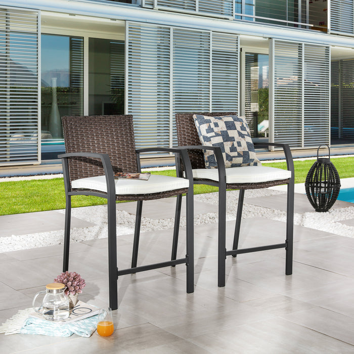 Elegance Wicker Counter Height Patio Stools Rattan Armrests Bar Chairs Set with Beige Cushions Footrests and Metal Frame 