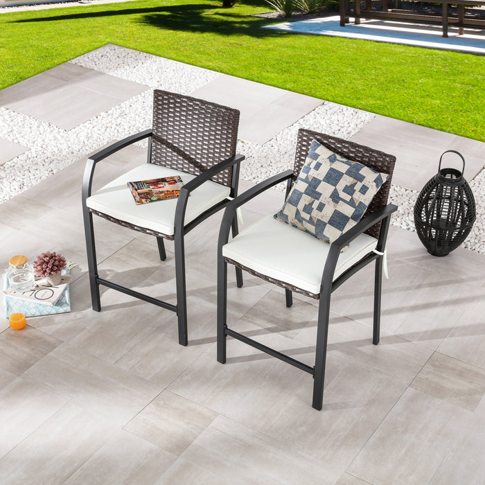 Elegance Wicker Counter Height Patio Stools Rattan Armrests Bar Chairs Set with Beige Cushions Footrests and Metal Frame 