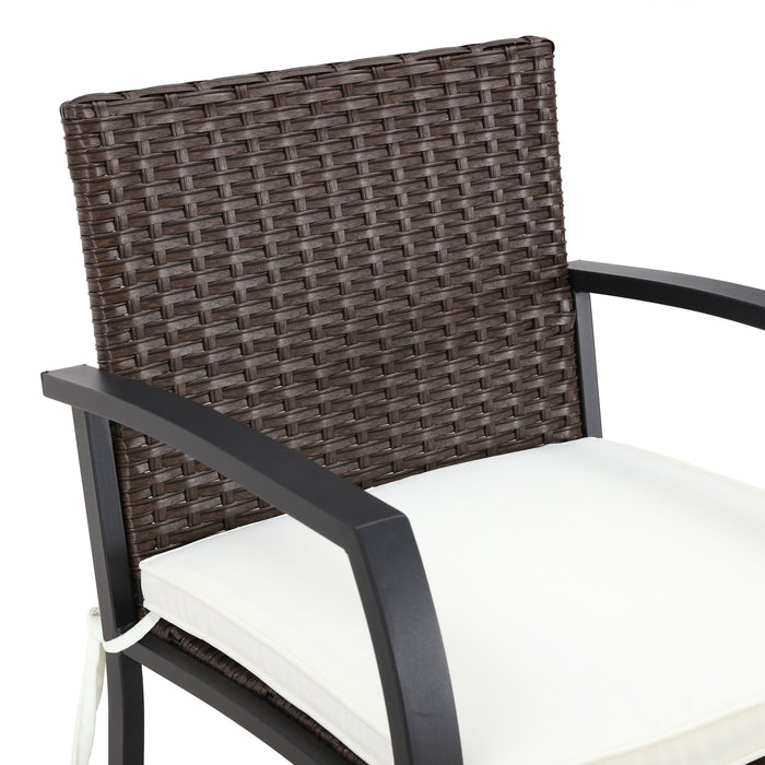 Elegance Wicker Counter Height Patio Stools Rattan Armrests Bar Chairs Set with Beige Cushions Footrests and Metal Frame 