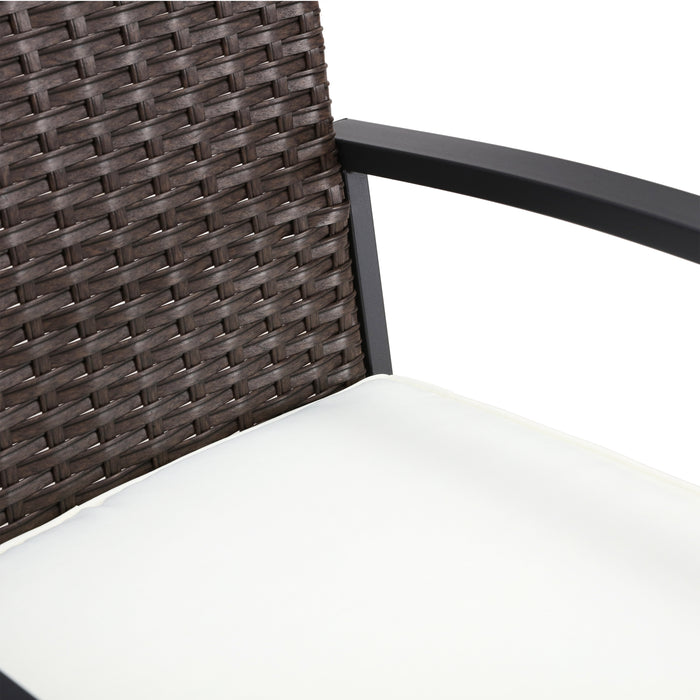 Elegance Wicker Counter Height Patio Stools Rattan Armrests Bar Chairs Set with Beige Cushions Footrests and Metal Frame 