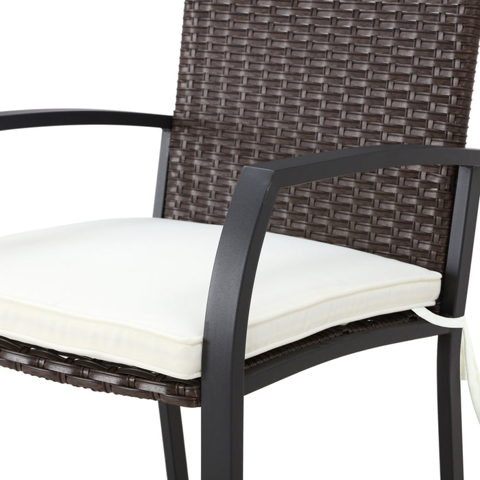 Elegance Wicker Counter Height Patio Stools Rattan Armrests Bar Chairs Set with Beige Cushions Footrests and Metal Frame 