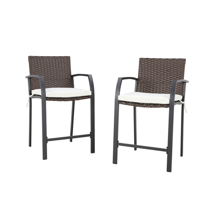 Elegance Wicker Counter Height Patio Stools Rattan Armrests Bar Chairs Set with Beige Cushions Footrests and Metal Frame 