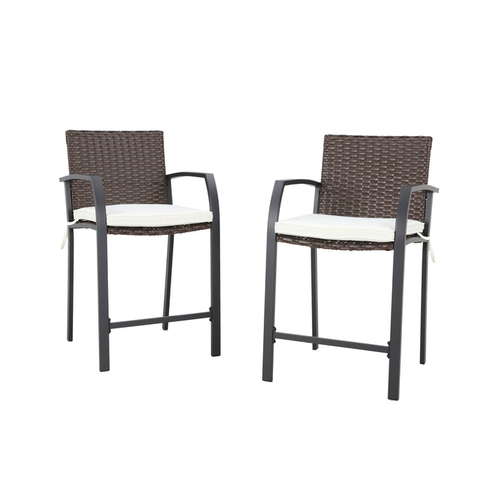 Breezy Elegance Wicker Bar Stools Patio Rattan Armrests Bar Chairs Set with Beige Cushions Footrests and Metal Frame