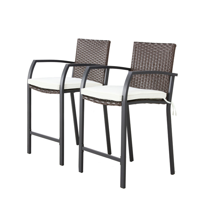 Elegance Wicker Counter Height Patio Stools Rattan Armrests Bar Chairs Set with Beige Cushions Footrests and Metal Frame 