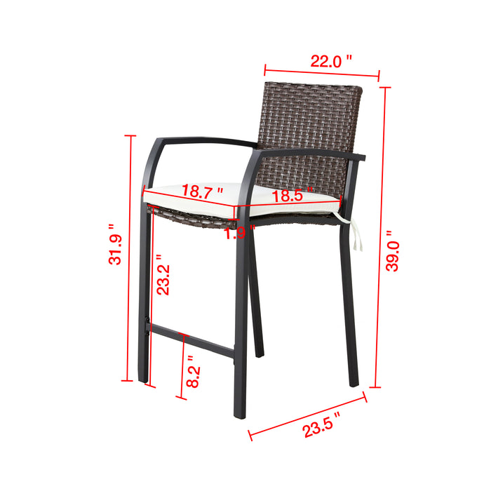 Elegance Wicker Counter Height Patio Stools Rattan Armrests Bar Chairs Set with Beige Cushions Footrests and Metal Frame 