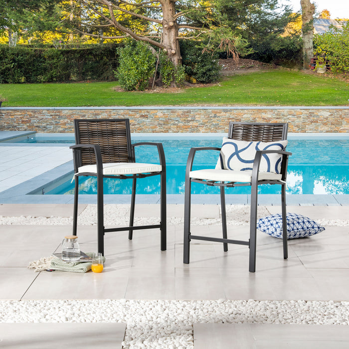 Elegance Wicker Counter Height Patio Stools Rattan Armrests Bar Chairs Set with Beige Cushions Footrests and Metal Frame 