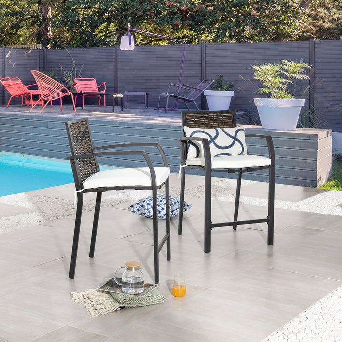 Elegance Wicker Counter Height Patio Stools Rattan Armrests Bar Chairs Set with Beige Cushions Footrests and Metal Frame 