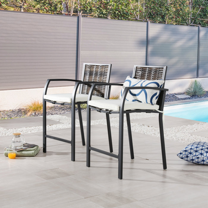 Elegance Wicker Counter Height Patio Stools Rattan Armrests Bar Chairs Set with Beige Cushions Footrests and Metal Frame 