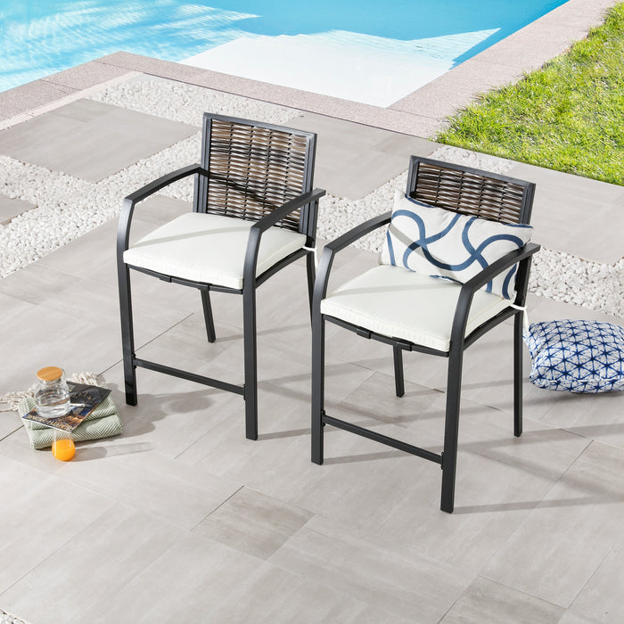 Elegance Wicker Counter Height Patio Stools Rattan Armrests Bar Chairs Set with Beige Cushions Footrests and Metal Frame 