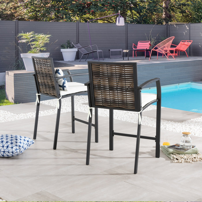 Elegance Wicker Counter Height Patio Stools Rattan Armrests Bar Chairs Set with Beige Cushions Footrests and Metal Frame 