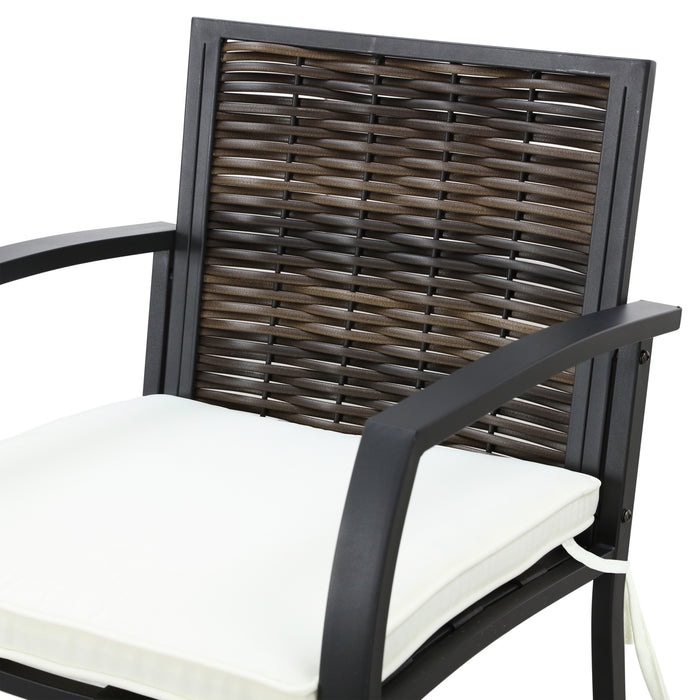 Elegance Wicker Counter Height Patio Stools Rattan Armrests Bar Chairs Set with Beige Cushions Footrests and Metal Frame 