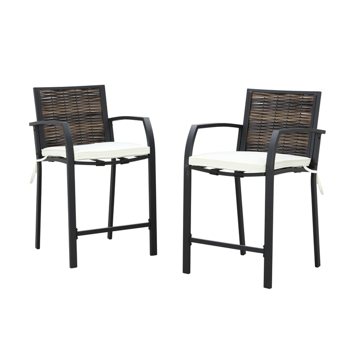Elegance Wicker Counter Height Patio Stools Rattan Armrests Bar Chairs Set with Beige Cushions Footrests and Metal Frame 