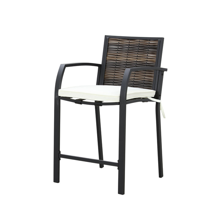 Elegance Wicker Counter Height Patio Stools Rattan Armrests Bar Chairs Set with Beige Cushions Footrests and Metal Frame 