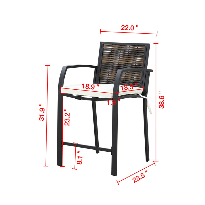 Elegance Wicker Counter Height Patio Stools Rattan Armrests Bar Chairs Set with Beige Cushions Footrests and Metal Frame 