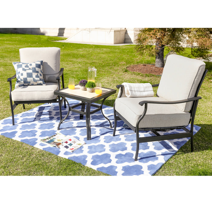 Festival Depot 3-Piece Patio Bistro Set Metal Dining Chairs with Thick Cushions and Ceramic Top Side Table All Weather Outdoor Furniture, Beige