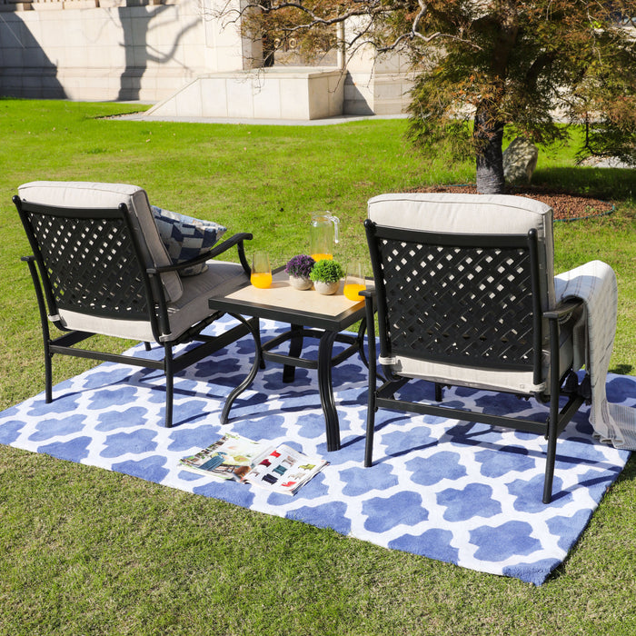 3-Piece Patio Bistro Set Metal Dining Chairs with Thick Cushions and Ceramic Top Side Table (Beige) 