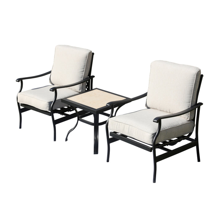 3-Piece Patio Bistro Set Metal Dining Chairs with Thick Cushions and Ceramic Top Side Table (Beige)